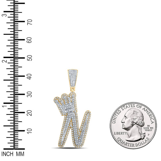 1.36 Ctw Natural Diamond Crown Initial Letter Alphabet N Pendant in 10k Yellow Gold