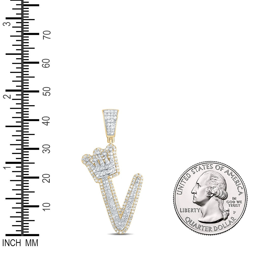 1.08 Ctw Natural Diamond Crown Initial Letter Alphabet V Pendant in 10k Yellow Gold