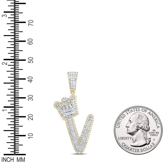 1.08 Ctw Natural Diamond Crown Initial Letter Alphabet V Pendant in 10k Yellow Gold