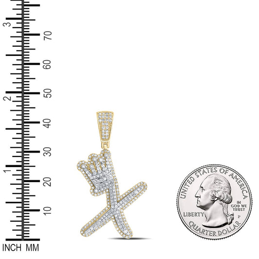 1.19 Ctw Natural Diamond Crown Initial Letter Alphabet X Pendant in 10k Yellow Gold