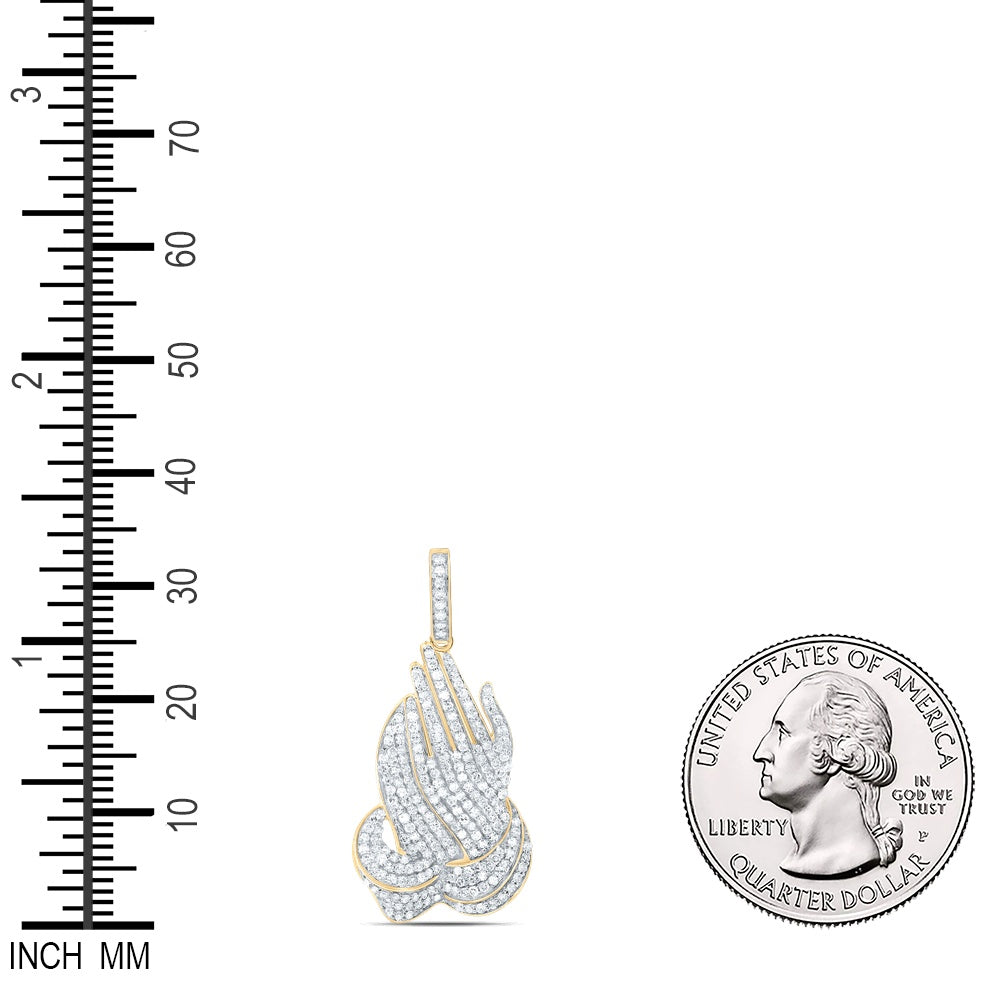 0.94 Ctw Natural Diamond Praying Hand Cluster Religious Pendant in 14k Yellow Gold