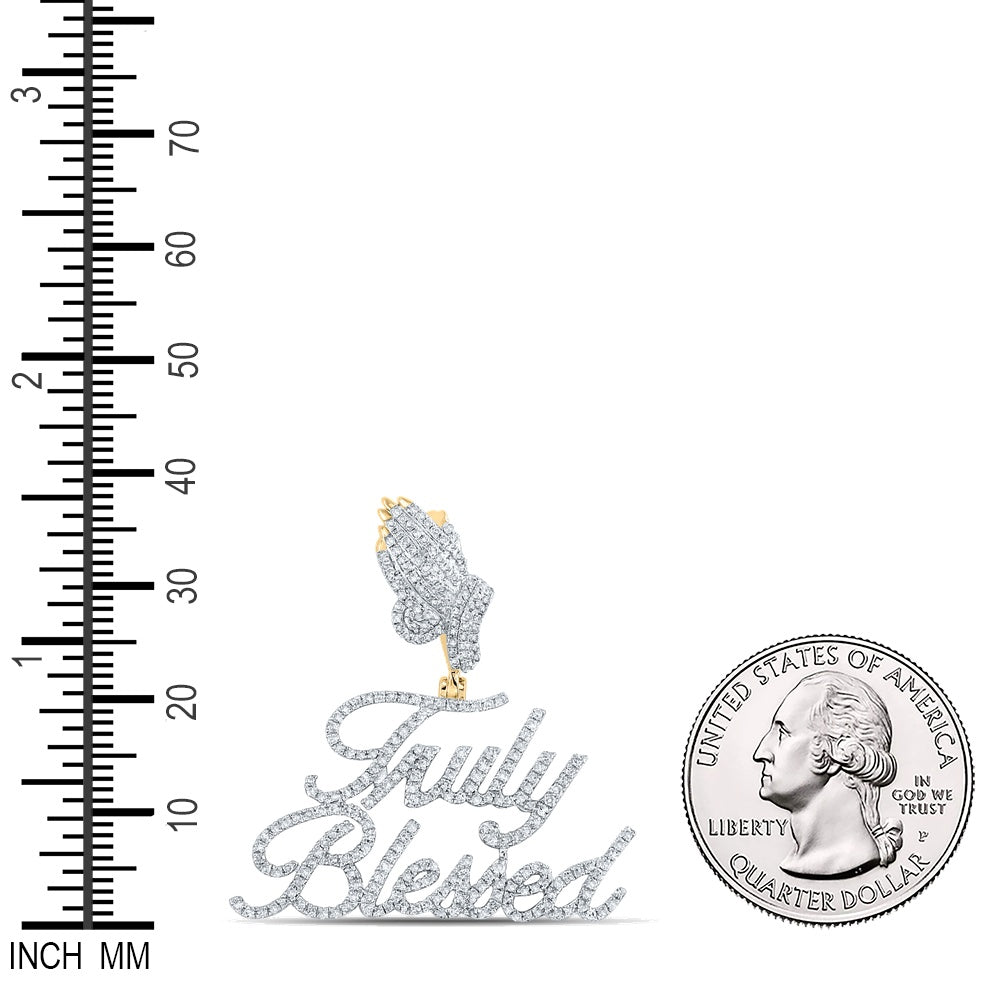 1 Ctw Natural Diamond Praying Hands Truly Blessed Nameplate Pendant in 14k Yellow Gold