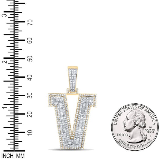 1.96 Ctw Natural Diamond Block Initial Letter Alphabet V Pendant in 14k Two-tone Gold