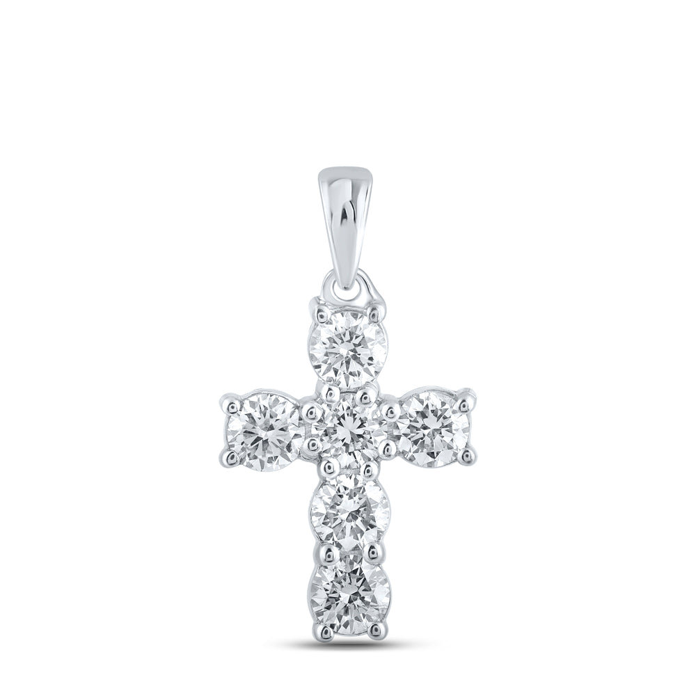 1.01 Ctw Natural Diamond Tennis Cross Pendant in 10k White Gold