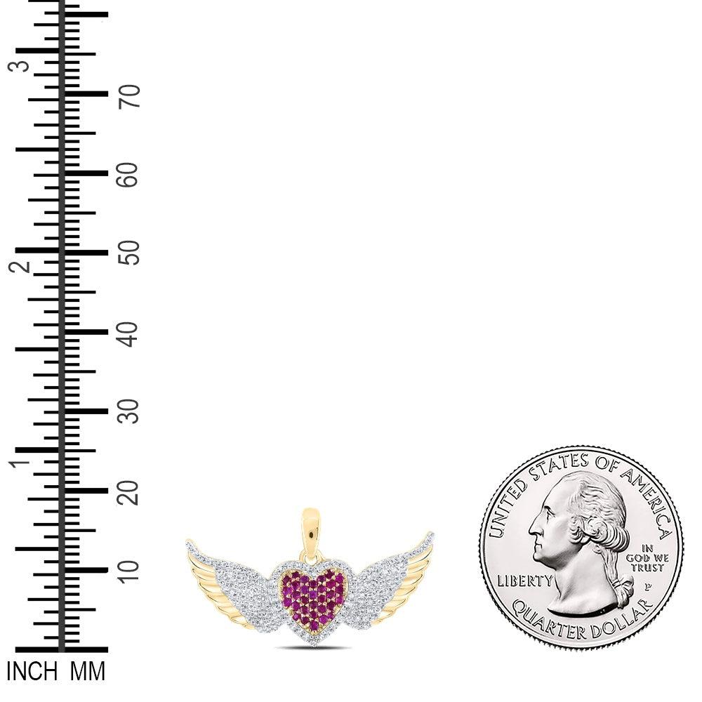 0.39 Ctw Natural Diamond Red Heart Wings Pendant in 10k Yellow Gold
