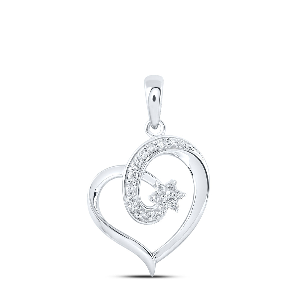 0.16 Ctw Natural Diamond Open Heart Flower Pendant in 10k White Gold
