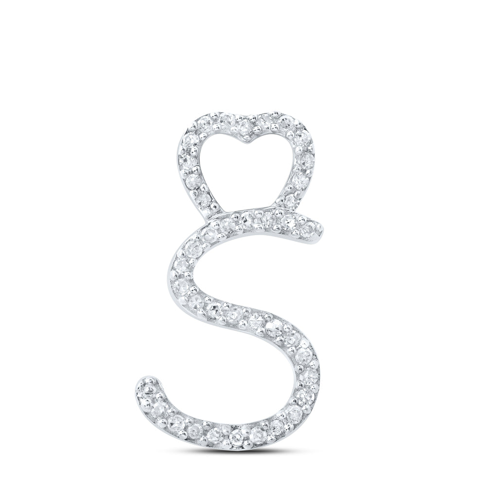 0.12 Ctw Natural Diamond Heart Initial Letter S Pendant in 10k White Gold