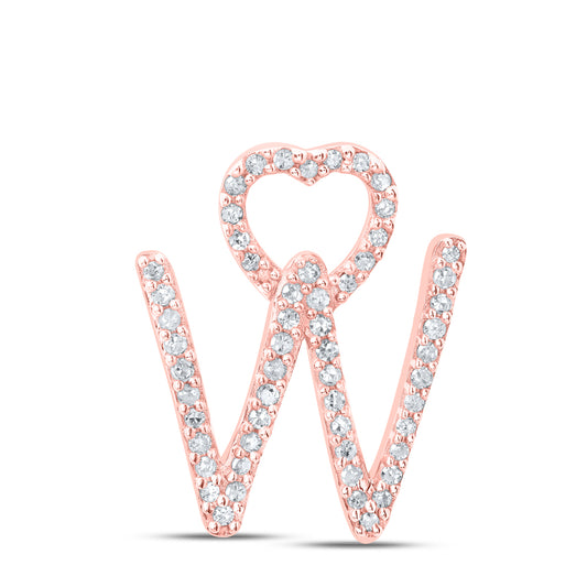 0.17 Ctw Natural Diamond Heart Initial Letter W Pendant in 10k Rose Gold