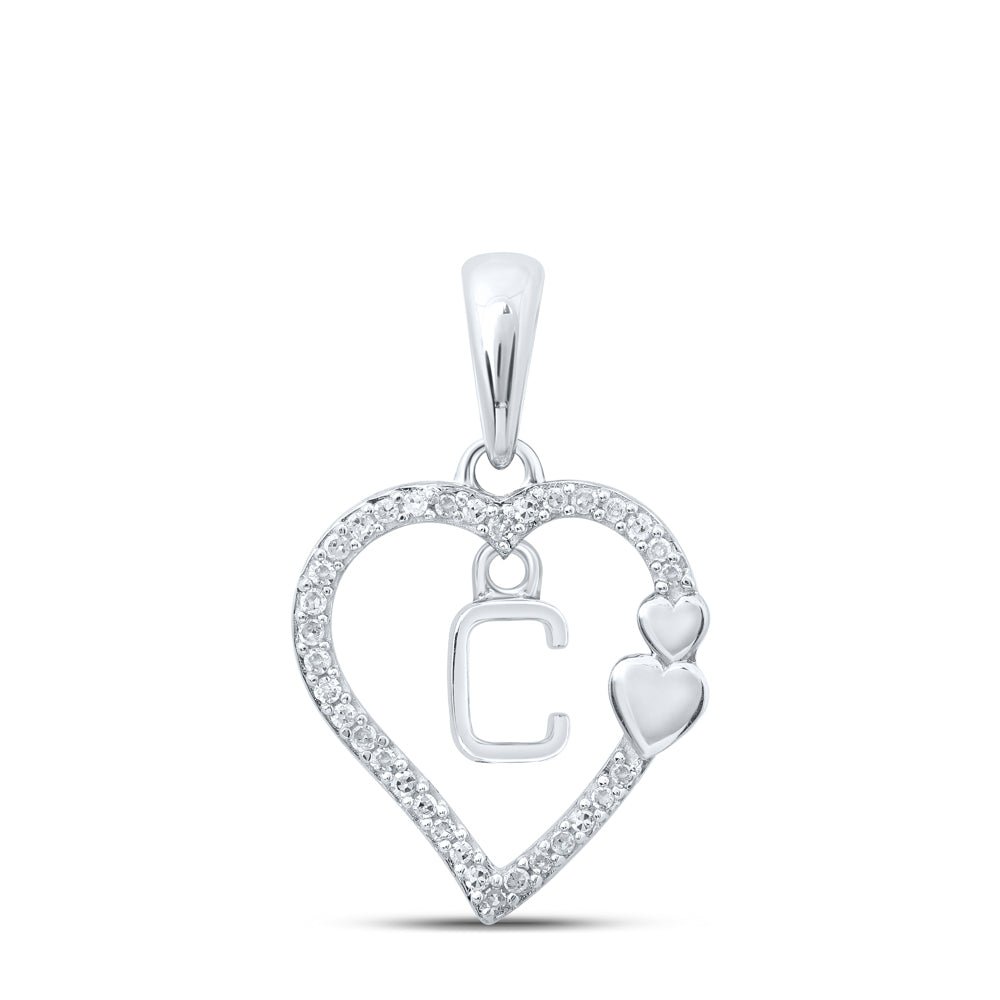 0.1 Ctw Natural Diamond Heart Dangle Initial Letter C Pendant in 10k White Gold