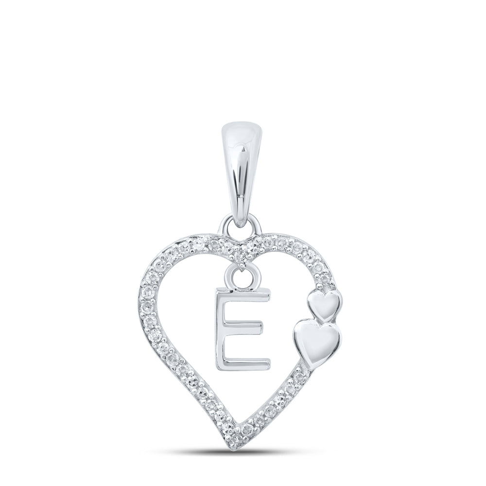 0.1 Ctw Natural Diamond Heart Dangle Initial Letter E Pendant in 10k White Gold