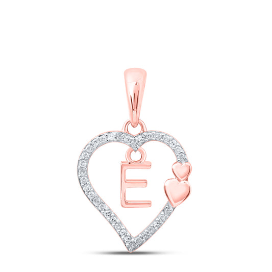 0.1 Ctw Natural Diamond Heart Dangle Initial Letter E Pendant in 10k Rose Gold