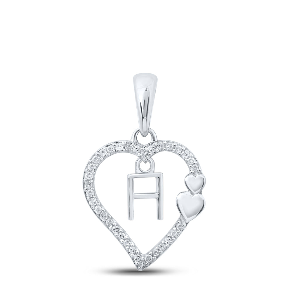 0.1 Ctw Natural Diamond Heart Dangle Initial Letter A Pendant in 10k White Gold