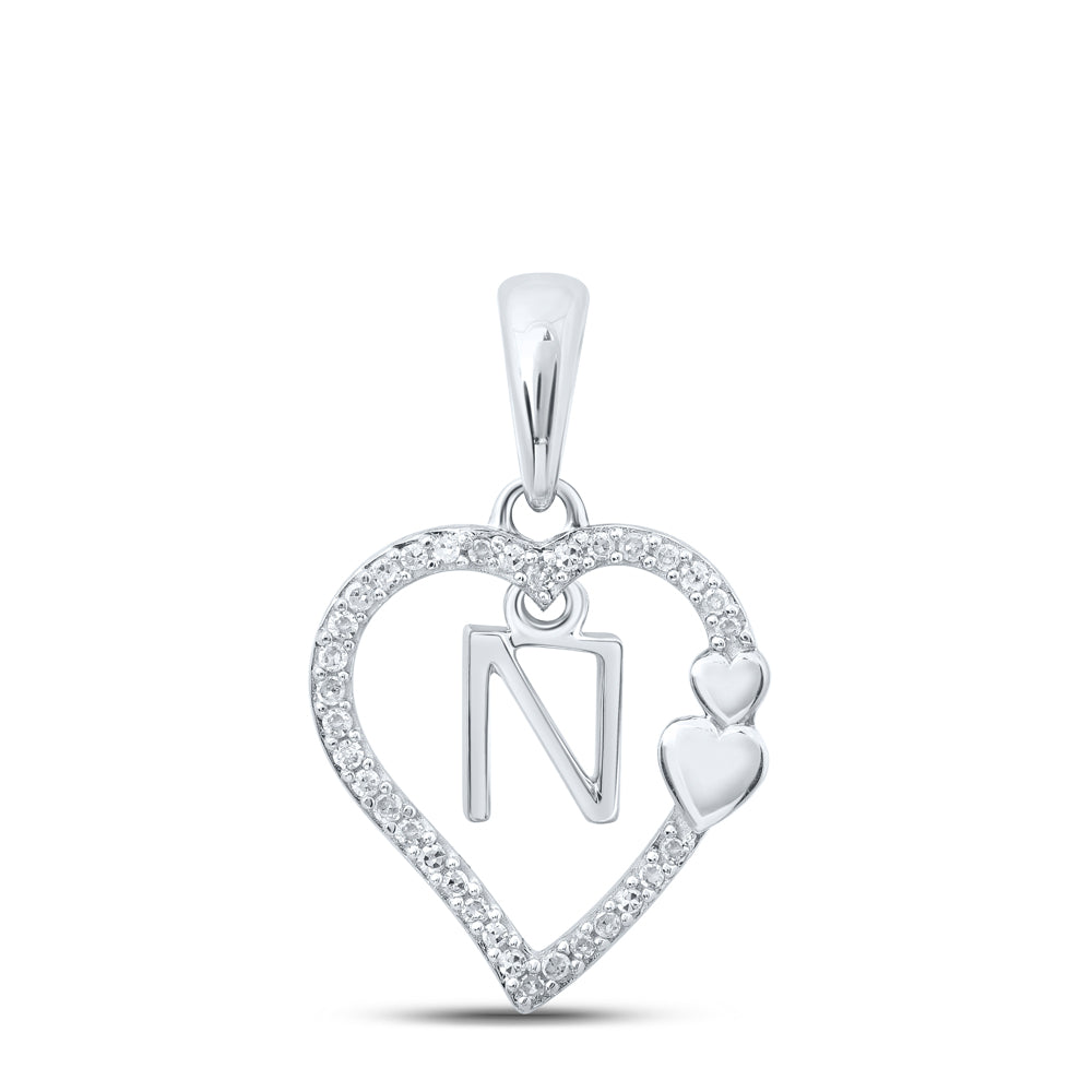 0.1 Ctw Natural Diamond Heart Dangle Initial Letter N Pendant in 10k White Gold