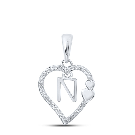 0.1 Ctw Natural Diamond Heart Dangle Initial Letter N Pendant in 10k White Gold