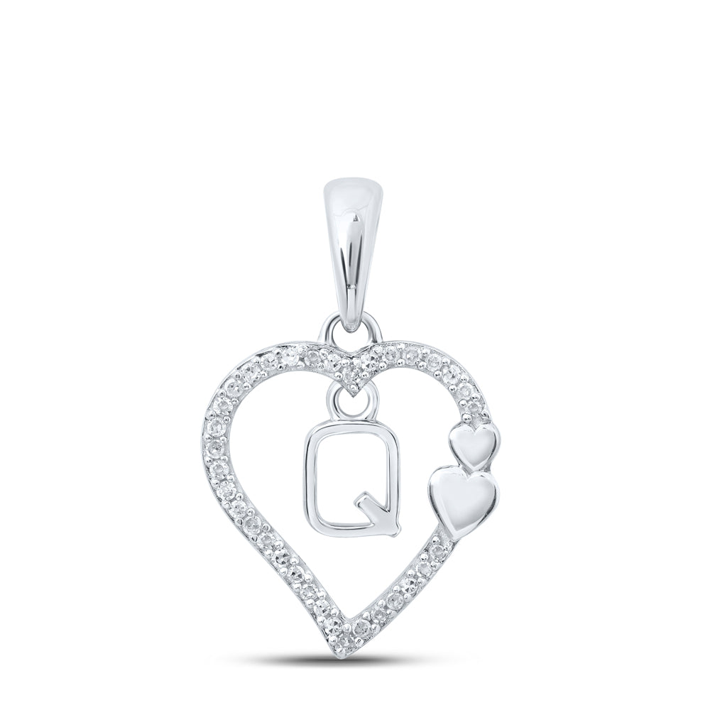 0.1 Ctw Natural Diamond Heart Dangle Initial Letter Q Pendant in 10k White Gold