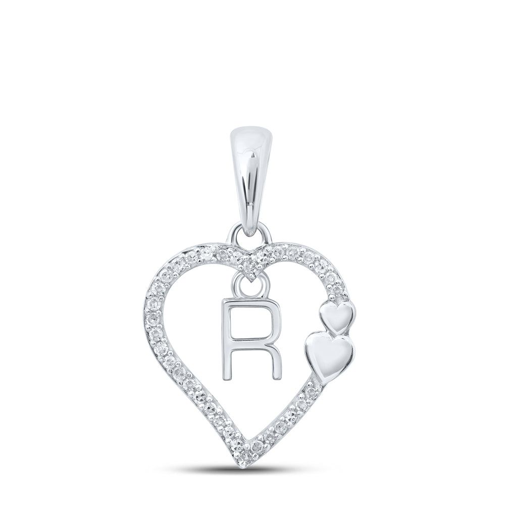 0.1 Ctw Natural Diamond Heart Dangle Initial Letter R Pendant in 10k White Gold