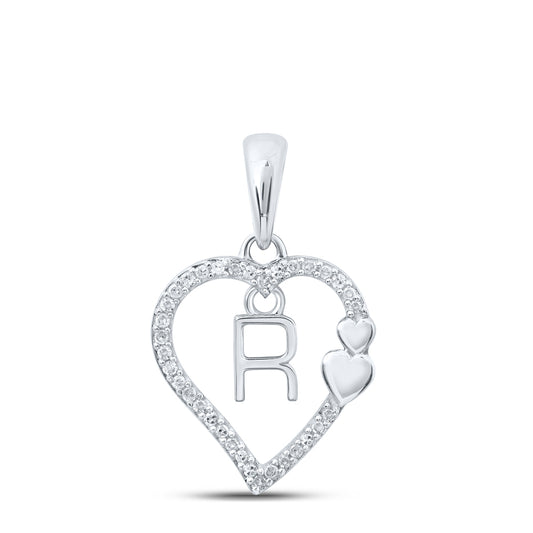 0.1 Ctw Natural Diamond Heart Dangle Initial Letter R Pendant in 10k White Gold