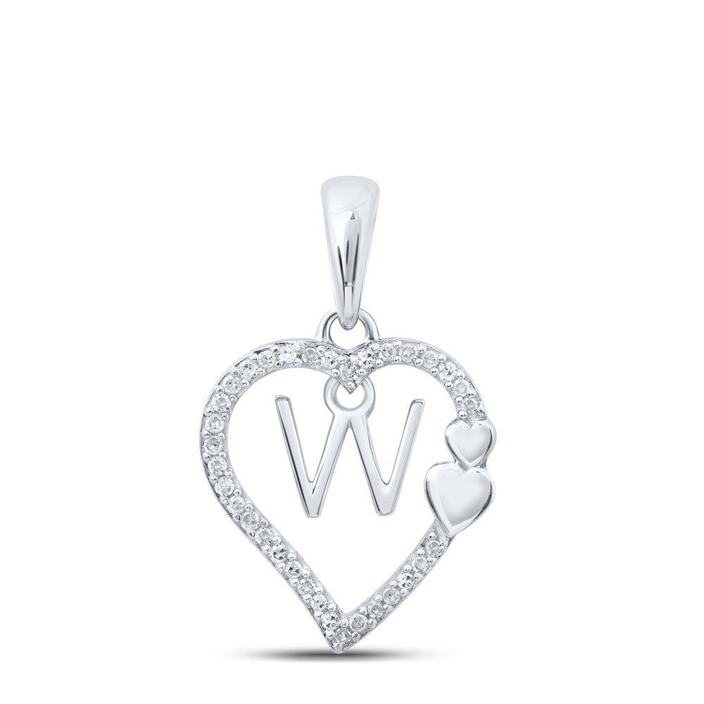 0.1 Ctw Natural Diamond Heart Dangle Initial Letter W Pendant in 10k White Gold