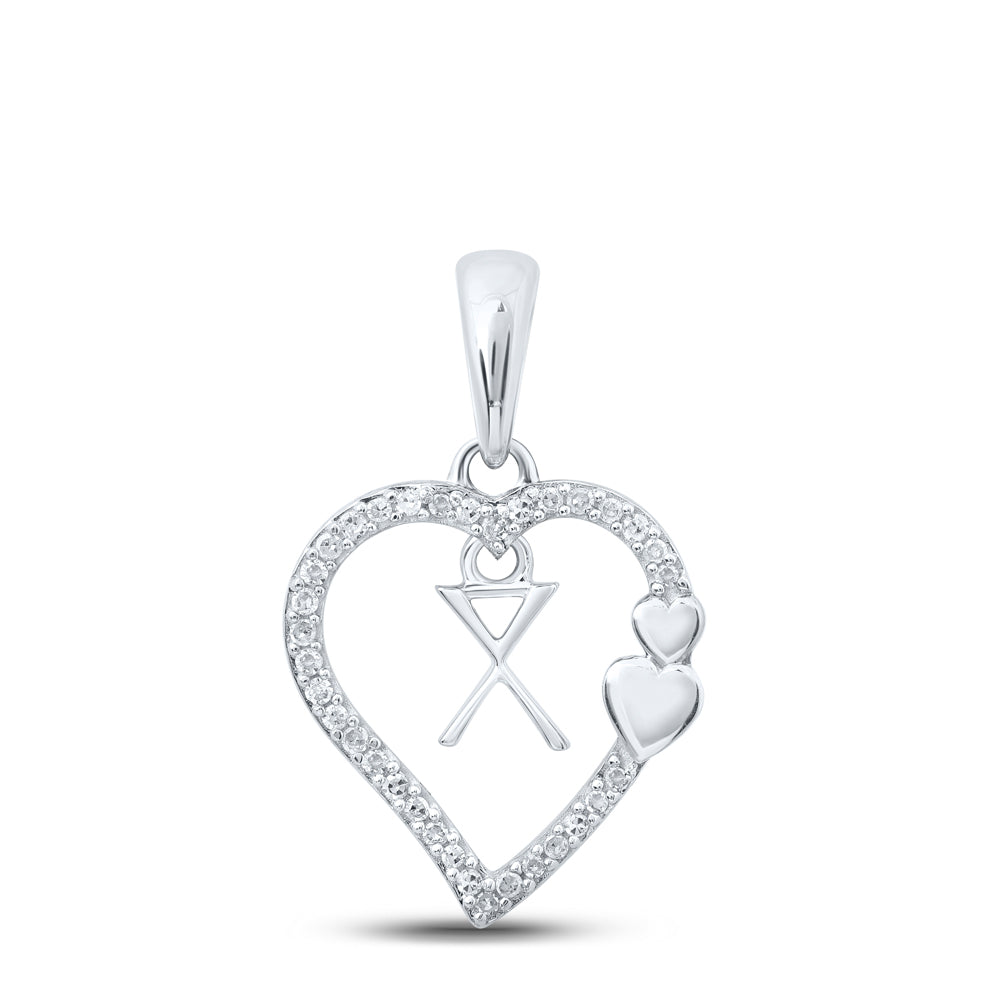 0.1 Ctw Natural Diamond Heart Dangle Initial Letter X Pendant in 10k White Gold