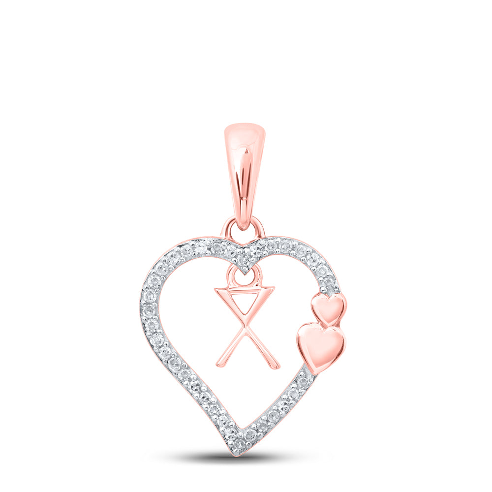 0.1 Ctw Natural Diamond Heart Dangle Initial Letter X Pendant in 10k Rose Gold