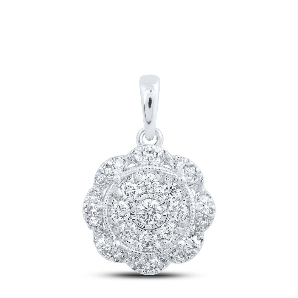 0.32 Ctw Natural Diamond Flower Round Shaped Pendant in 10k White Gold