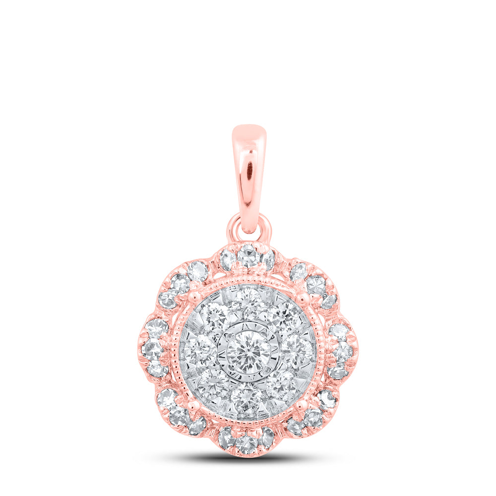0.32 Ctw Natural Diamond Flower Round Shaped Pendant in 10k Rose Gold