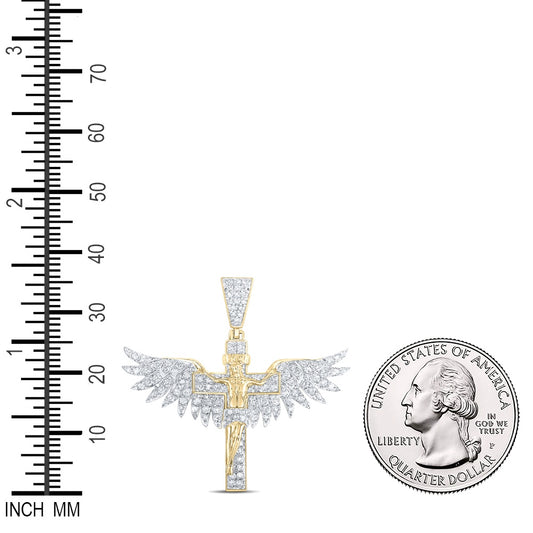 1.09 Ctw Natural Diamond Cross Crucifix Jesus Wings Pendant in 10k Yellow Gold