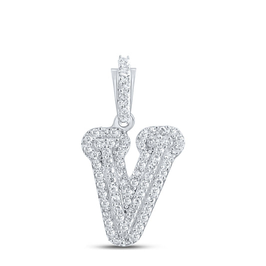 0.18 Ctw Natural Diamond Hiphop Initial Letter V Pendant in 10k White Gold