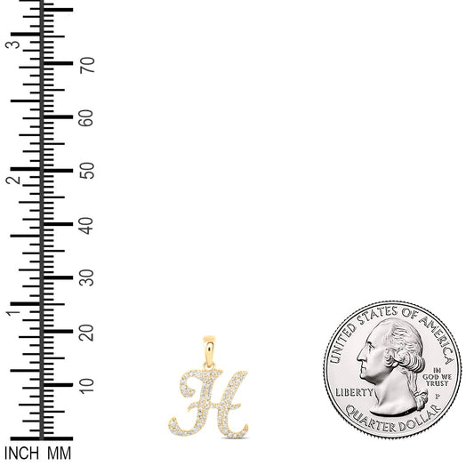 0.18 Ctw Natural Diamond Cursive Initial Letter H Pendant in 10k Yellow Gold
