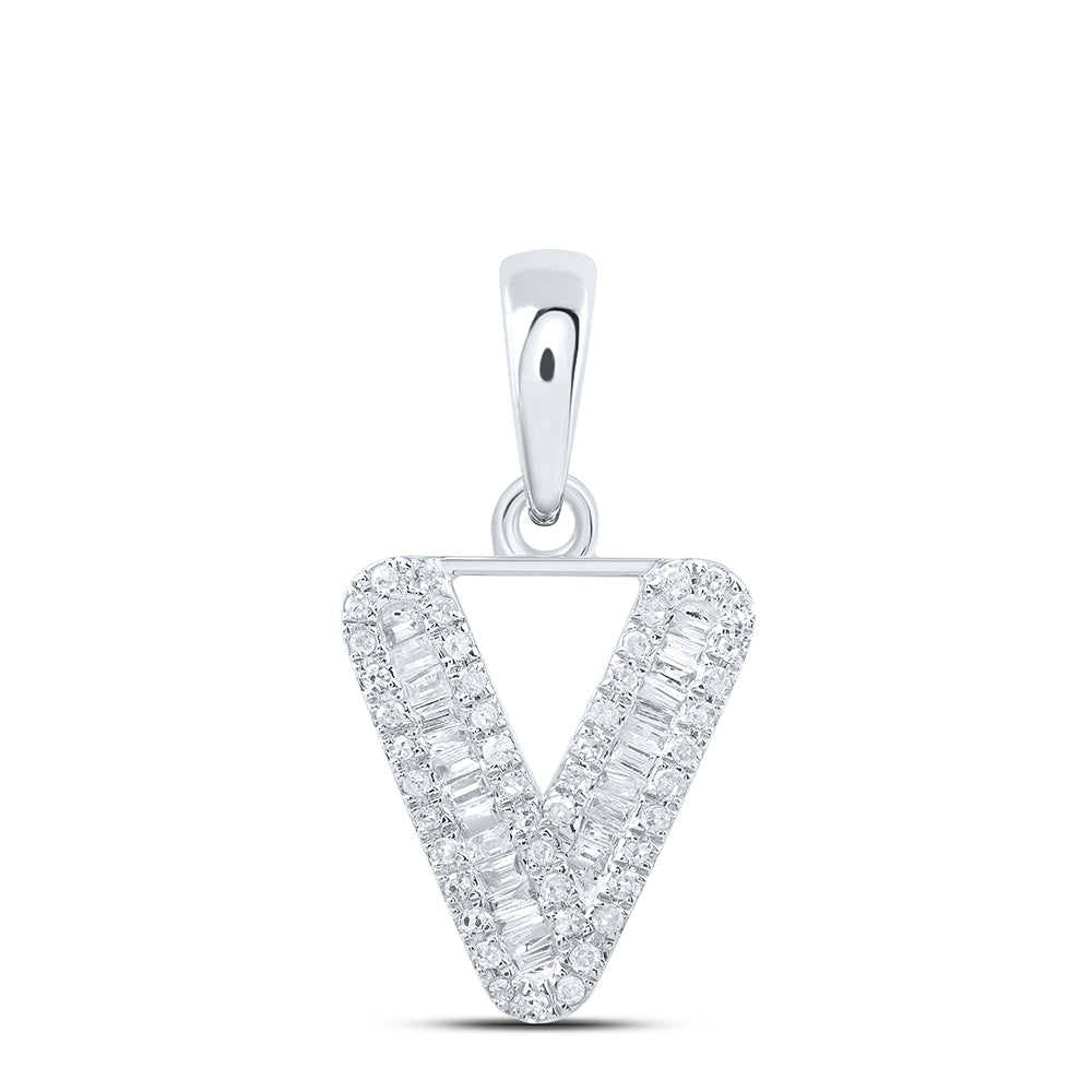 0.25 Ctw Natural Diamond Baguette Hiphop Initial Letter V Pendant in 10k White Gold