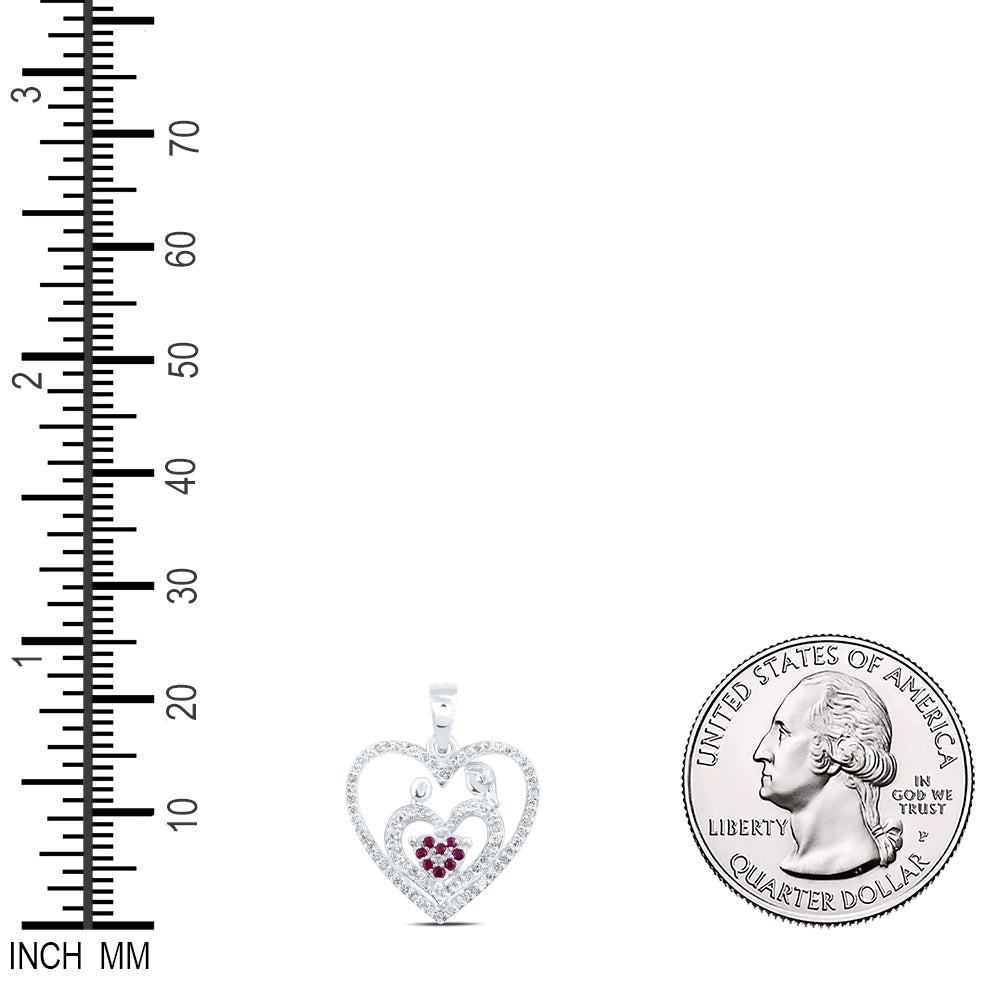 0.22 Ctw Natural Diamond Red Open Double Heart Mom Child Pendant in 10k White Gold