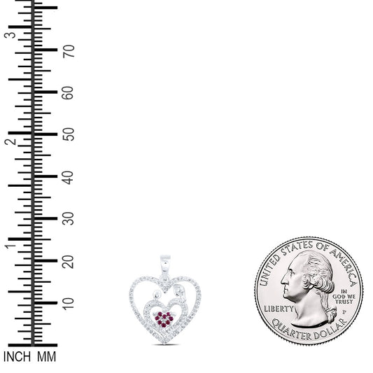 0.22 Ctw Natural Diamond Red Open Double Heart Mom Child Pendant in 10k White Gold