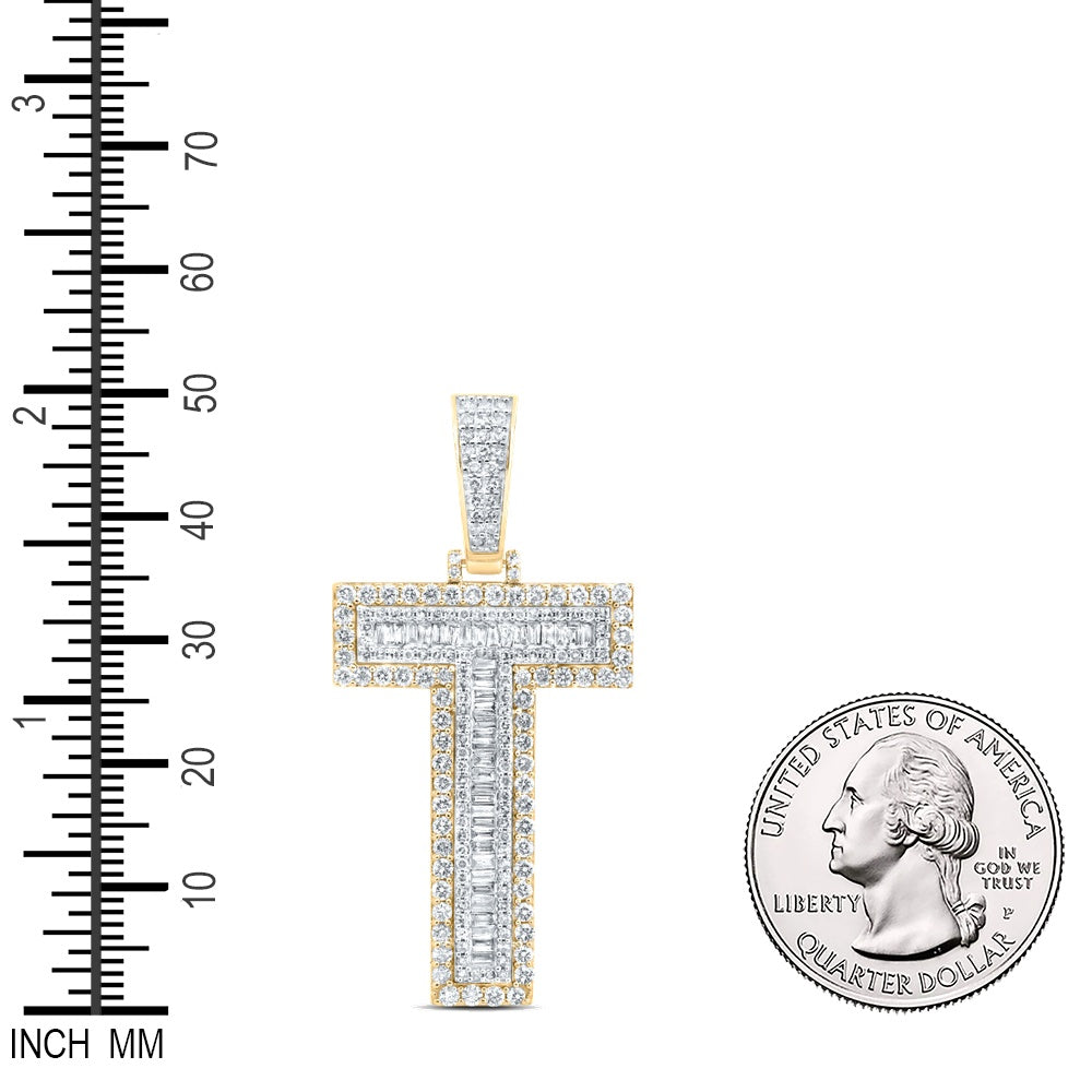 2.1 Ctw Natural Diamond Block Initial Letter Alphabet T Pendant in 10k Yellow Gold