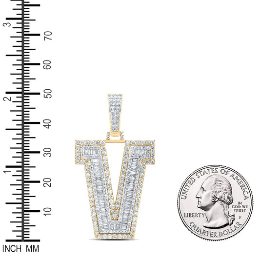 2.82 Ctw Natural Diamond Block Initial Letter Alphabet V Pendant in 10k Yellow Gold