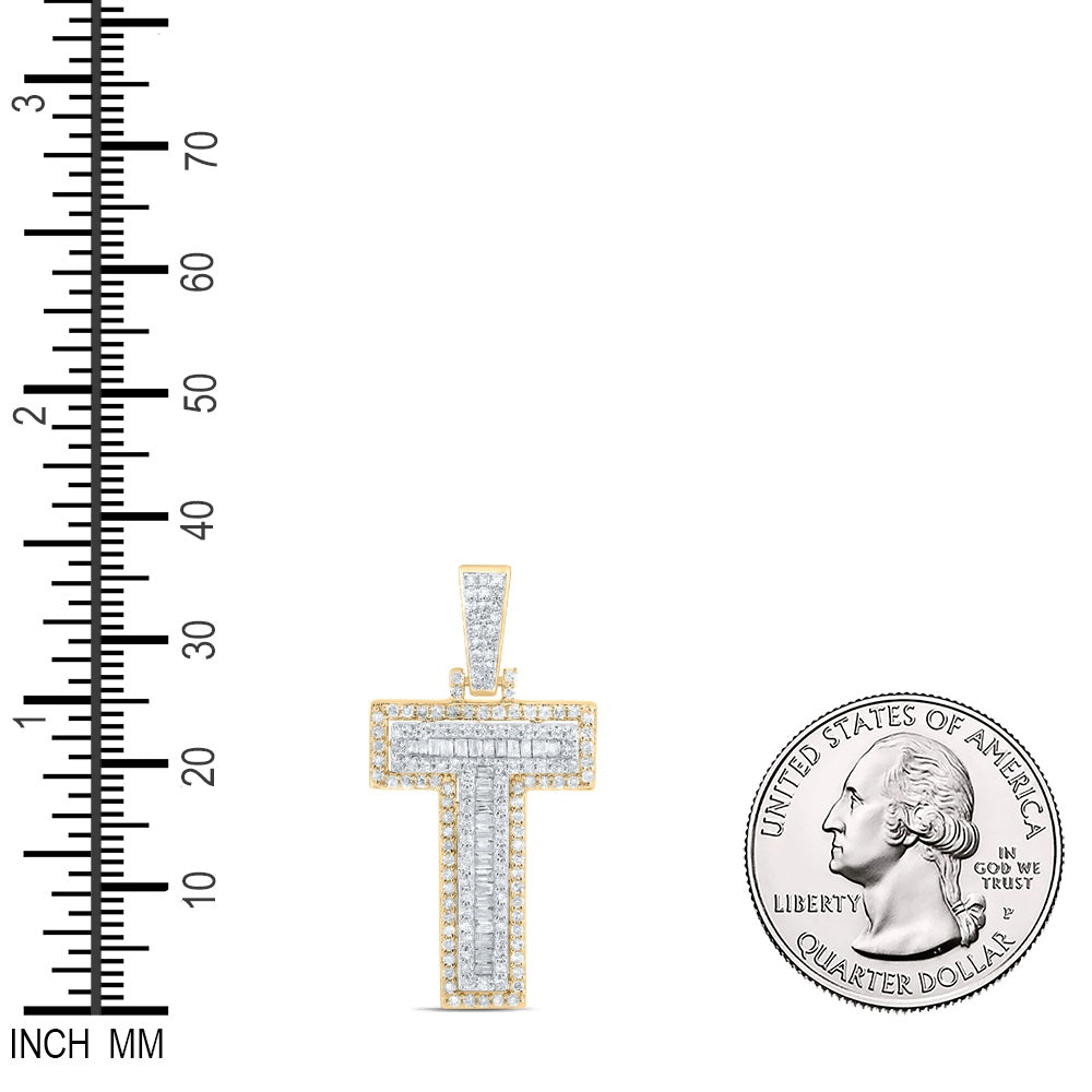 0.76 Ctw Natural Diamond Block Initial Letter Alphabet T Pendant in 10k Yellow Gold