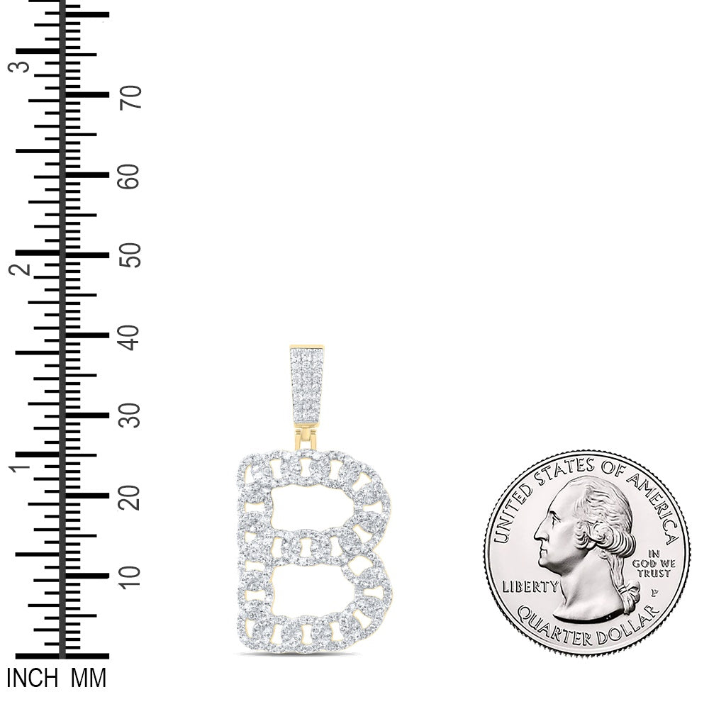 1.17 Ctw Natural Diamond Curb Link Initial Letter Alphabet B Pendant in 10k Yellow Gold
