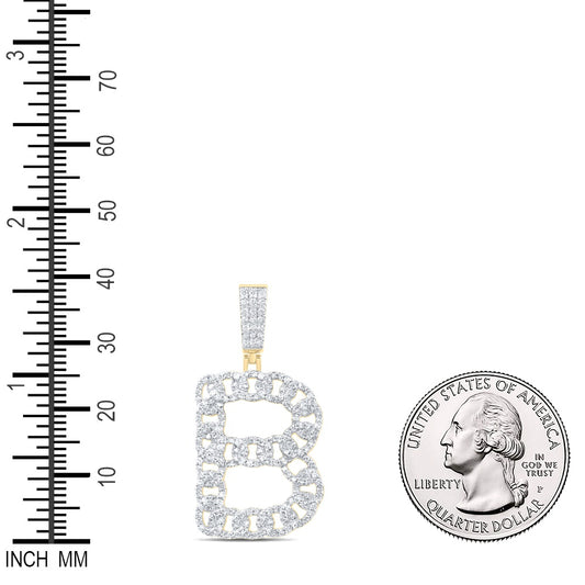 1.17 Ctw Natural Diamond Curb Link Initial Letter Alphabet B Pendant in 10k Yellow Gold