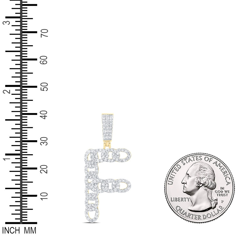 1.03 Ctw Natural Diamond Curb Link Initial Letter Alphabet F Pendant in 10k Yellow Gold