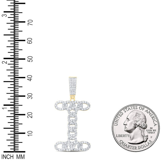 1.06 Ctw Natural Diamond Curb Link Initial Letter Alphabet I Pendant in 10k Yellow Gold