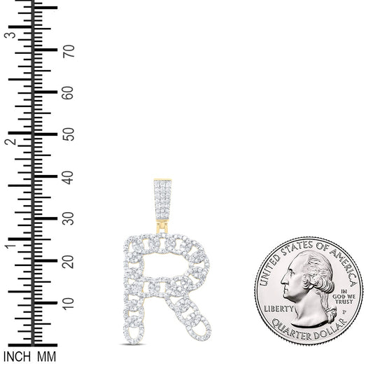 1.1 Ctw Natural Diamond Curb Link Intial Letter Alphabet R Pendant in 10k Yellow Gold