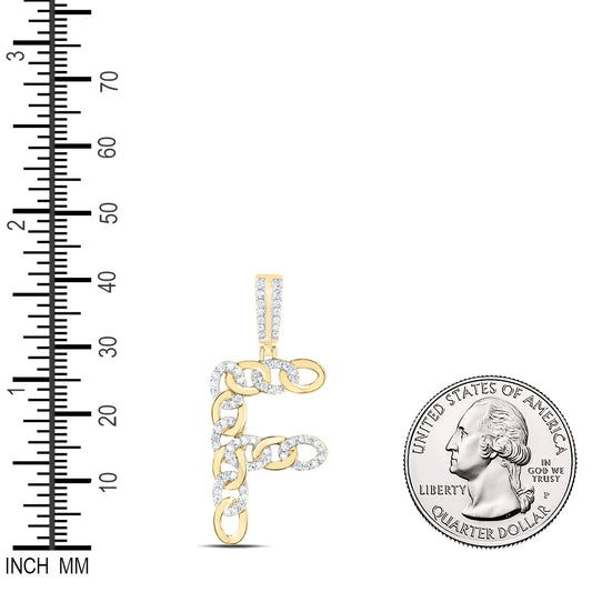 0.49 Ctw Natural Diamond Curb Link Initial Letter Alphabet F Pendant in 10k Yellow Gold