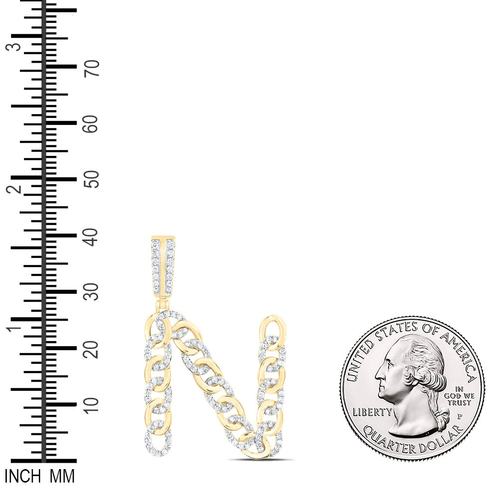 0.63 Ctw Natural Diamond Curb Link Initial Letter Alphabet N Pendant in 10k Yellow Gold