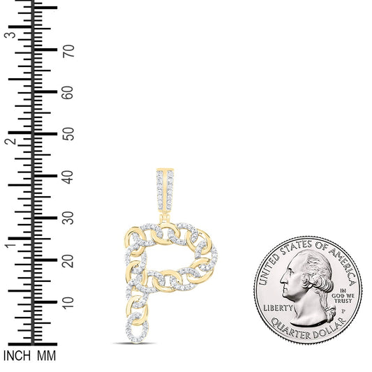 0.57 Ctw Natural Diamond Curb Link Initial Letter Alphabet P Pendant in 10k Yellow Gold