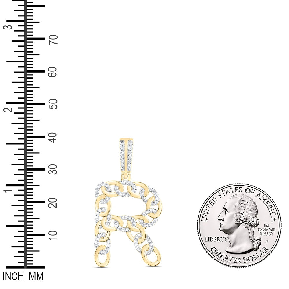 0.49 Ctw Natural Diamond Curb Link Intial Letter Alphabet R Pendant in 10k Yellow Gold
