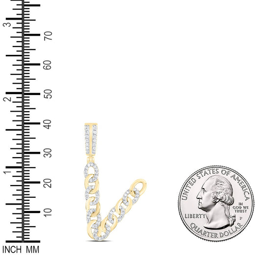0.54 Ctw Natural Diamond Curb Link Initial Letter Alphabet V Pendant in 10k Yellow Gold