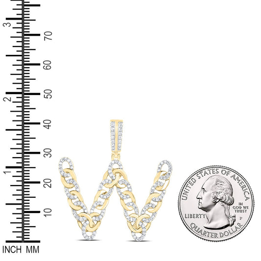 0.81 Ctw Natural Diamond Curb Link Initial Letter Alphabet W Pendant in 10k Yellow Gold