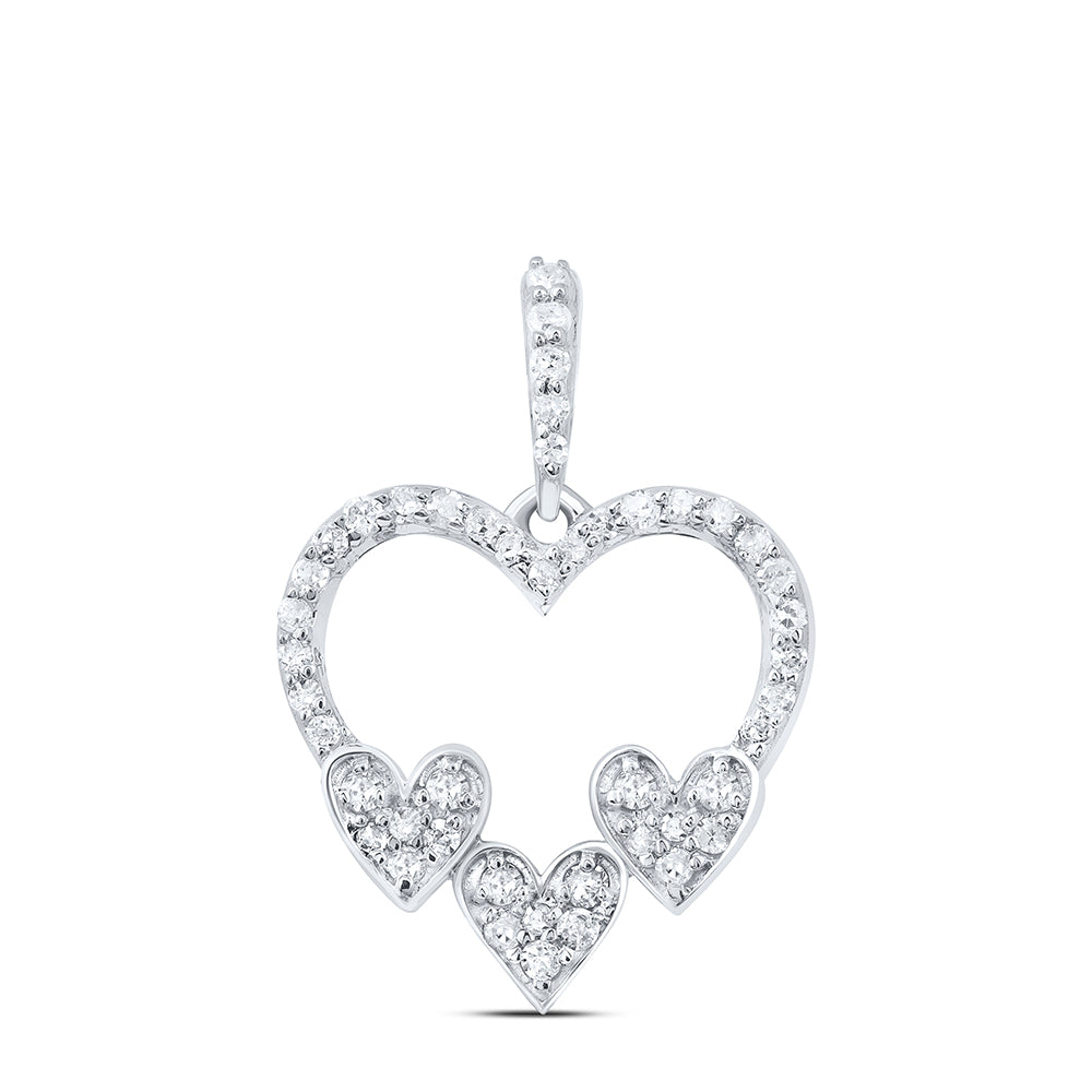 0.28 Ctw Natural Diamond Three 3 Open Heart Pendant in 10k White Gold