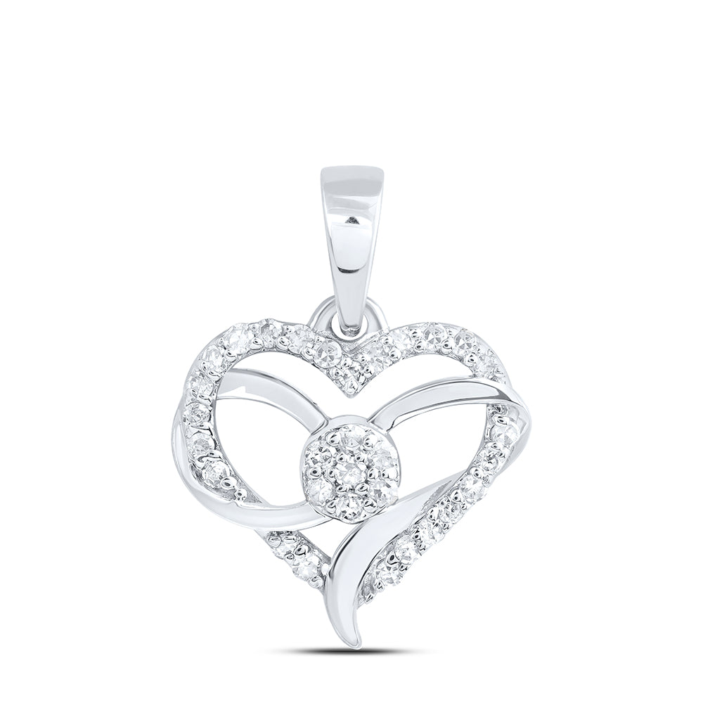 0.13 Ctw Natural Diamond Ribbon Open Heart Pendant in 10k White Gold