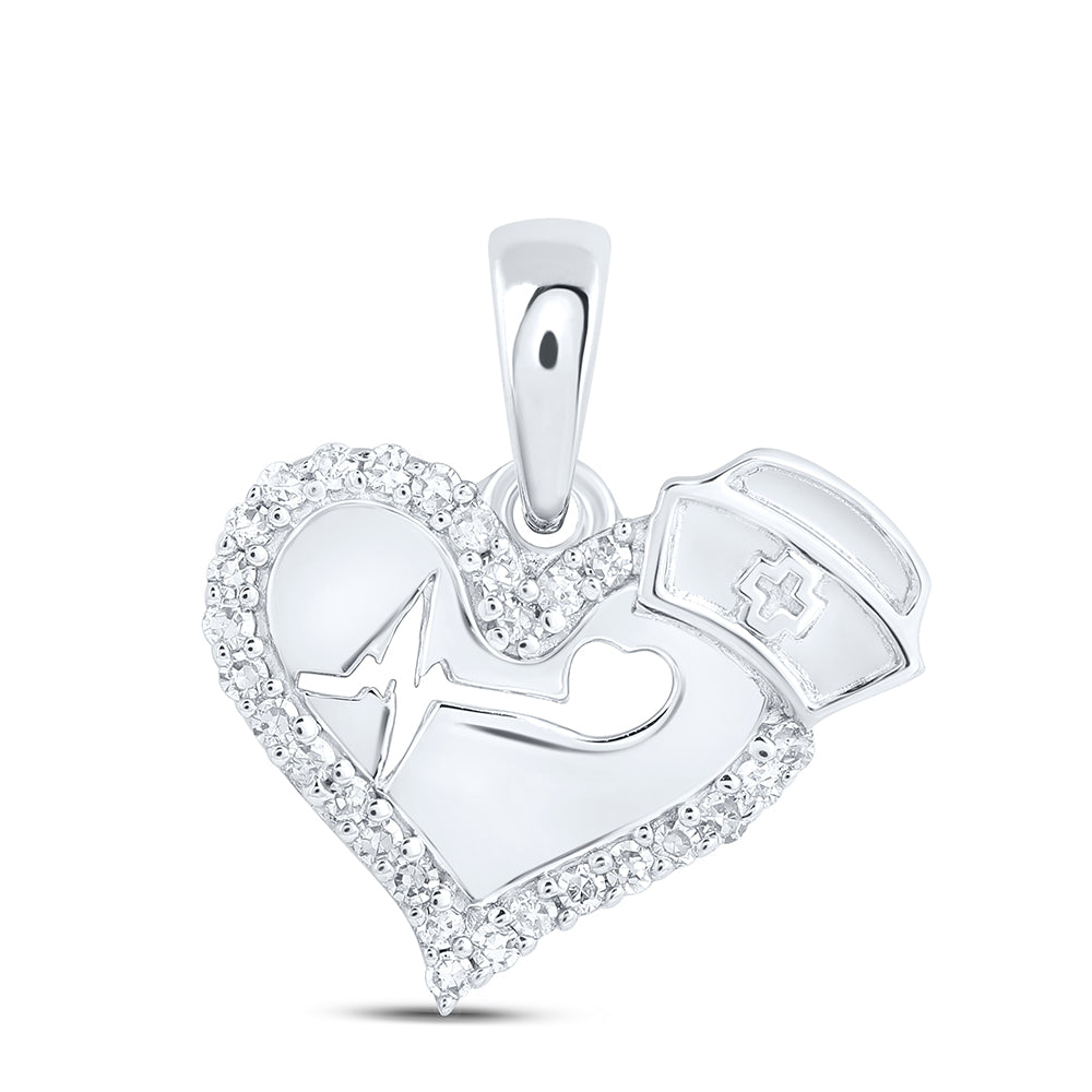 0.09 Ctw Natural Diamond Heart Beat Heart Pendant in 10k White Gold