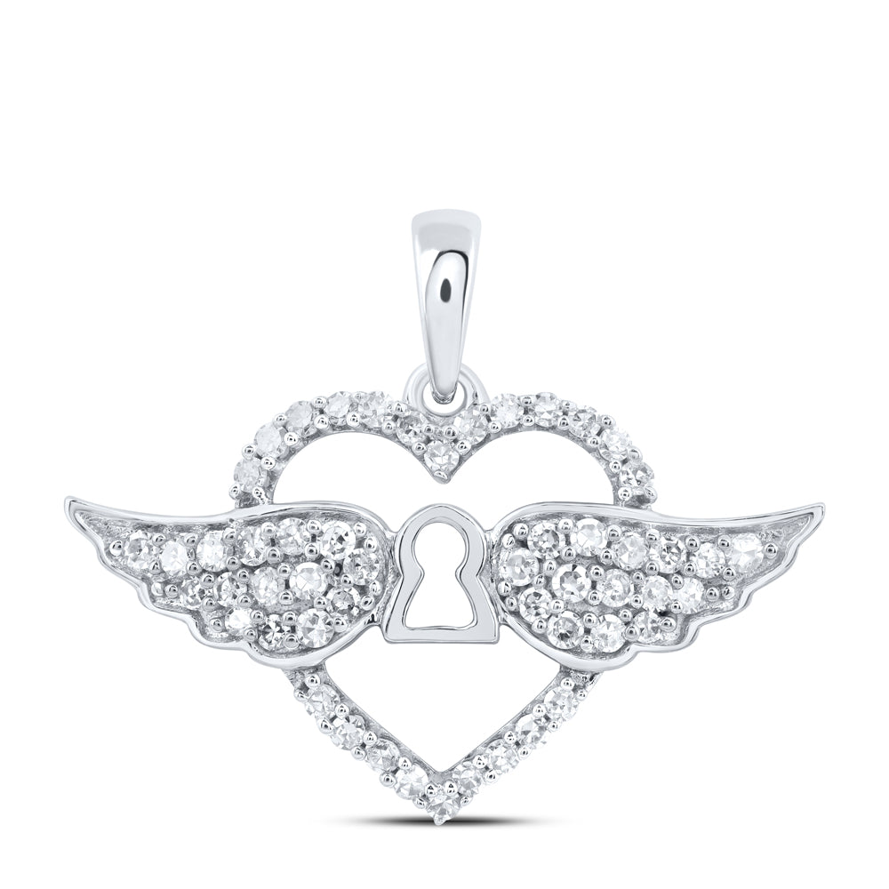 0.29 Ctw Natural Diamond Open Heart Wing Key Pendant in 10k White Gold